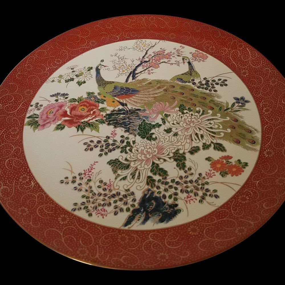 Vintage Japenese Satsuma‎ Double Peacock & Peony Hand Painted Porcelain Plate